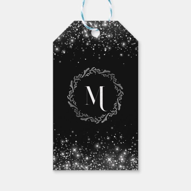 Monogrammet silver Glitter och Black Elegant Presentetikett (Framsidan)