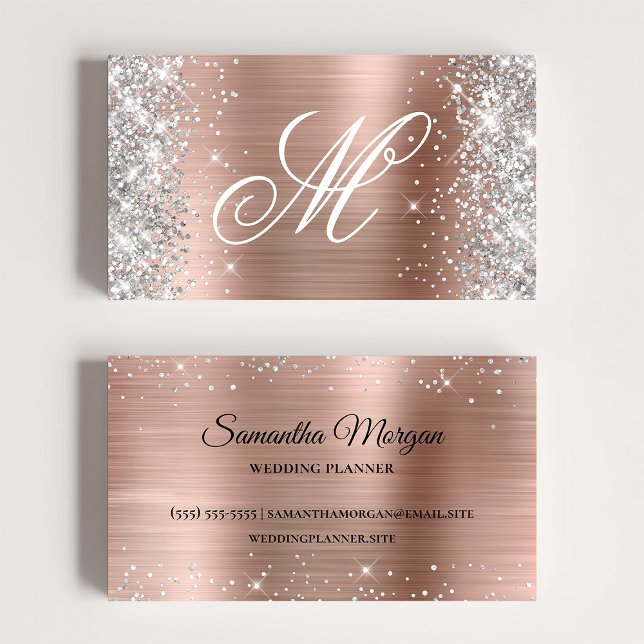 Monogrammet silver Glitter Ro guldfetter Finare Visitkort (Silver Glitter Shiny Rose Gold Foil Fancy Monogram Business Card)