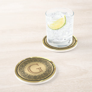Monogrammet Svart och GoldCircle Blommigt Design Underlägg