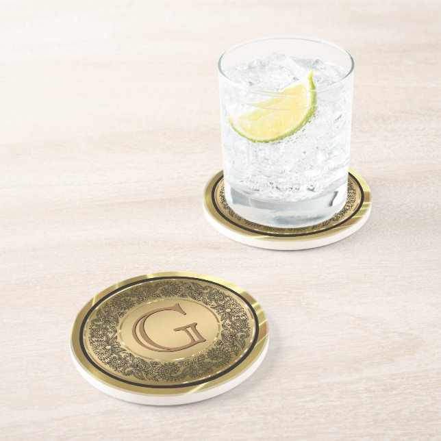 Monogrammet Svart och GoldCircle Blommigt Design Underlägg (Sidan)