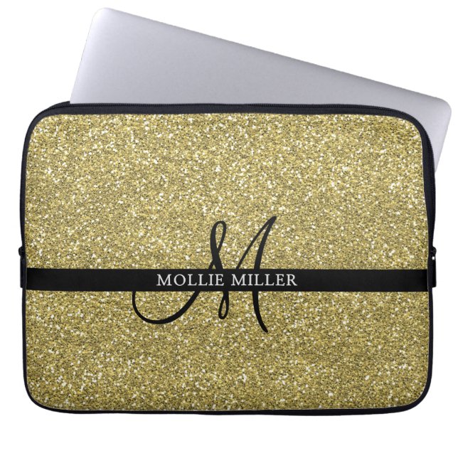 Monogrammet trendig Metallic Glitter Guld Light Laptop Fodral (Framsidan)