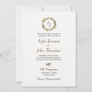 Monogrammet Watercolor Olive-utandning Bröllop Inbjudningar