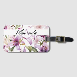 Monogrammet Watercolor Purplish Leafy Lily Mönster Bagagebricka