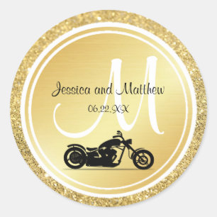 Monogrammofonmärket för motorcykelbröllop guld Gli Runt Klistermärke