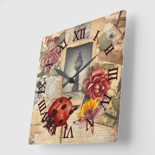 Monogrammofons blommigt av bakgrunden och dragonfl fyrkantig klocka (Vinkel)