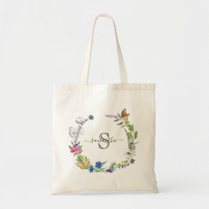Monogrammonogram i skrivstil fjärilar blommor tygkasse