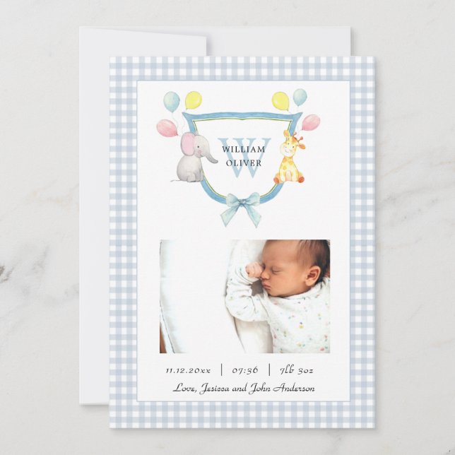 Monogrammonogram med akvarell djur Födelse Meddelande (Framsida)