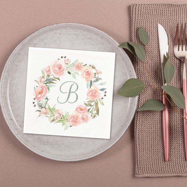 Monogrammonogrammonterad pastellrosa blomsterkrans pappersservett (In situ Wedding reception)