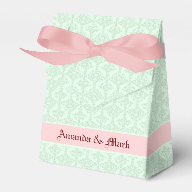 Monogrammonterade mintgröna blomsterdamaster 2 presentaskar (Framsidan Sidan)