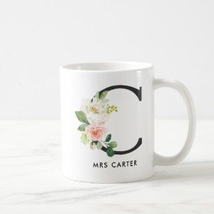 Monogrammugg, blom- Monogram C, beställnings- gåva Kaffemugg