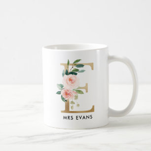 Monogrammugg, blom- Monogram E, beställnings- Kaffemugg