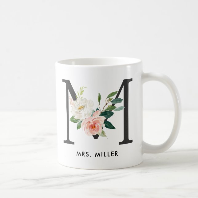 Monogrammugg, blom- Monogram M, beställnings- gåva Kaffemugg (Höger)