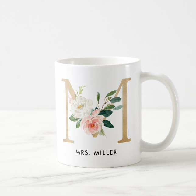 Monogrammugg, blom- Monogram M, beställnings- Kaffemugg (Höger)
