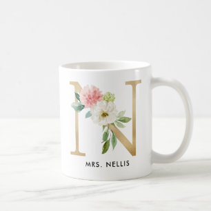 Monogrammugg, blom- Monogram N, beställnings- Kaffemugg