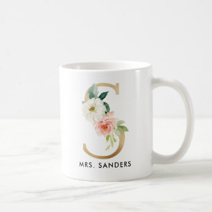 Monogrammugg, blom- Monogram S, beställnings- Kaffemugg