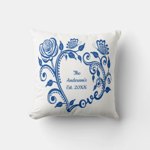 Monogramnamn Blå Fjärilar Blommor Kärlek Hjärta Kudde