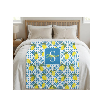 Monogramnamn Blå fransk kakel citronmönster Fleecefilt