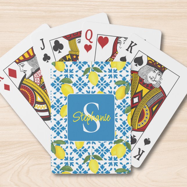 Monogramnamn Blått franskt kakel Citronmönster  Casinokort (Skapare uppladdad)