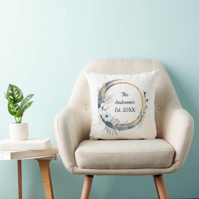 Monogramnamn Blått Vitt Guld Blommig Elegant Kudde (Stol)