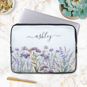 Monogramnamn Blommig Botanisk Lila Vildblomma Laptop Fodral