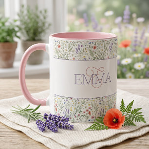 Monogramnamn Boho Lavendel Vildblommotiv Mugg