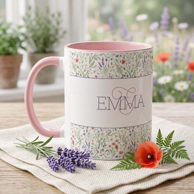 Monogramnamn Boho Lavendel Vildblommotiv Mugg (Skapare uppladdad)