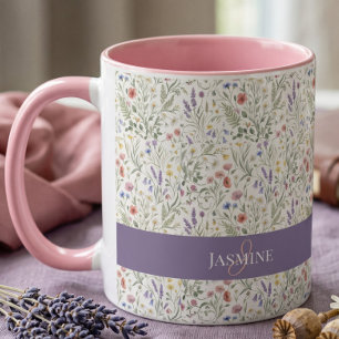 Monogramnamn Boho Lavendel Vildblommotiv Mugg