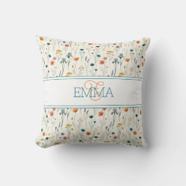 Monogramnamn Boho Wildflower-mönster Orange Teal Kudde