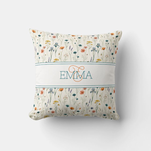 Monogramnamn Boho Wildflower-mönster Orange Teal Kudde (Framsida)