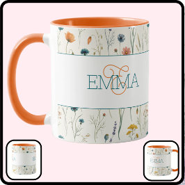 Monogramnamn Boho Wildflower-mönster Orange Teal Mugg
