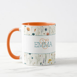 Monogramnamn Boho Wildflower-mönster Orange Teal Mugg