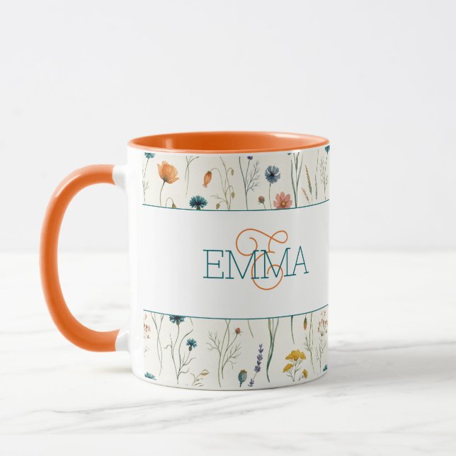 Monogramnamn Boho Wildflower-mönster Orange Teal Mugg (Vänster)