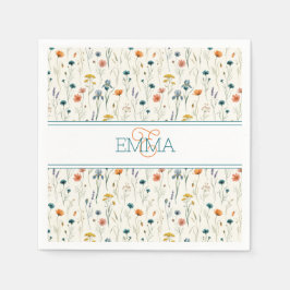 Monogramnamn Boho Wildflower-mönster Orange Teal Pappersservett