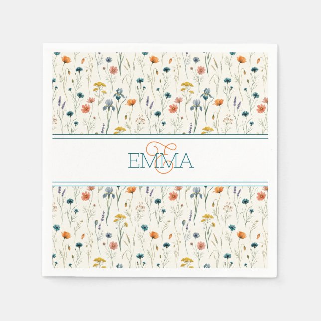 Monogramnamn Boho Wildflower-mönster Orange Teal Pappersservett (Framsidan)