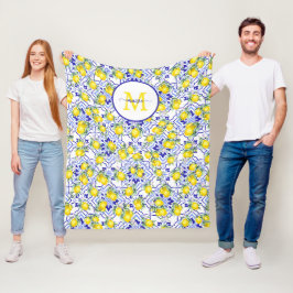 Monogramnamn Citron Blå Fransk Landstil Kakel Fleecefilt