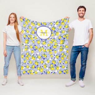 Monogramnamn Citron Blå Fransk Landstil Kakel Fleecefilt