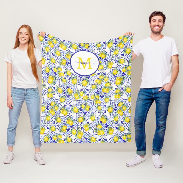 Monogramnamn Citron Blå Fransk Landstil Kakel  Fleecefilt (På plats)