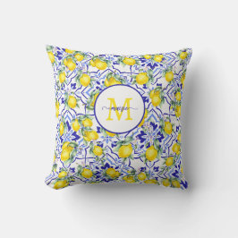 Monogramnamn Citron Blå Fransk Landstil Kakel Kudde