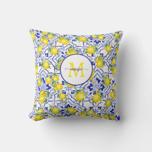 Monogramnamn Citron Blå Fransk Landstil Kakel  Kudde
