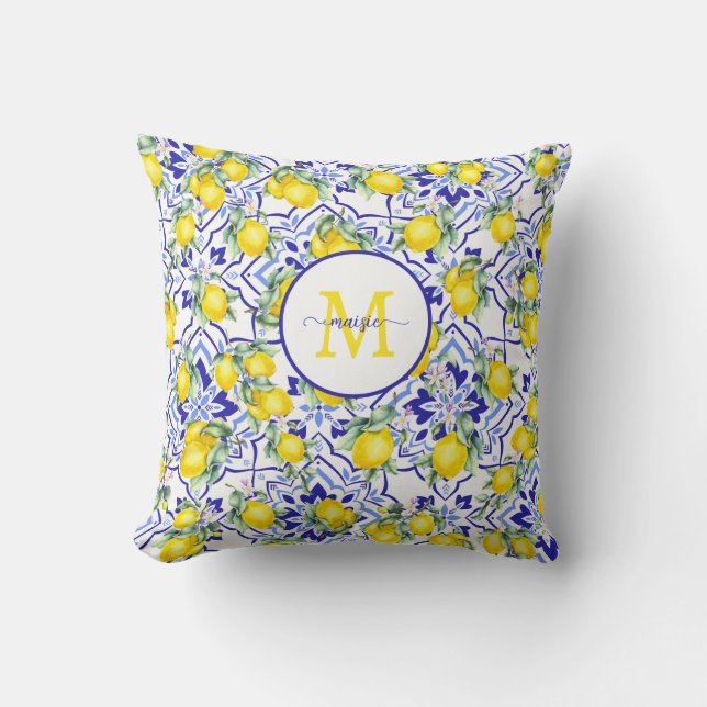 Monogramnamn Citron Blå Fransk Landstil Kakel  Kudde (Framsida)