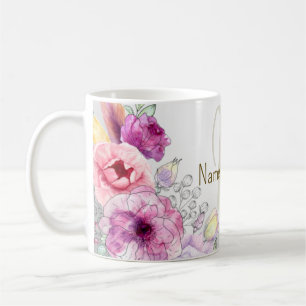 Monogramnamn Färgrik Rosa Blommig Silver Elegant Kaffemugg