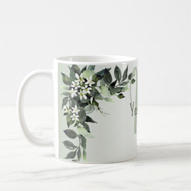 Monogramnamn Grönska Blommig Eukalyptusblad Kaffemugg (Vänster)