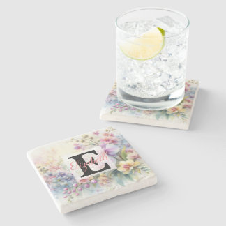 Monogramnamn på akvarell Blommor i pastellfärger Stenunderlägg