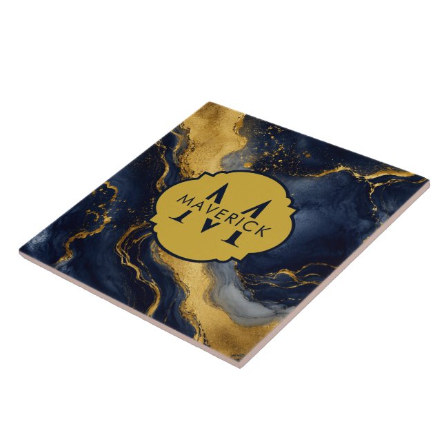 Monogramnamn på NavyGold Abstrakt Marmor FluidArt Kakelplatta (Sidan)