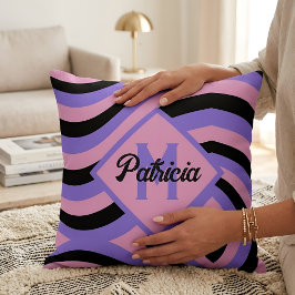 Monogramnamn Retro Psykedelisk Vågig Rosa Lila Kudde