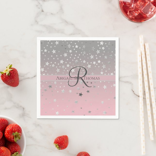 Monogramnamn Rosa Grå Silver Stjärnor Bröllop Pappersservett (Insitu)