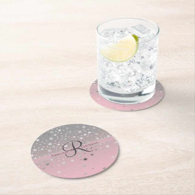 Monogramnamn Rosa Grå Silver Stjärnor Bröllop Underlägg Papper Rund (Insitu)