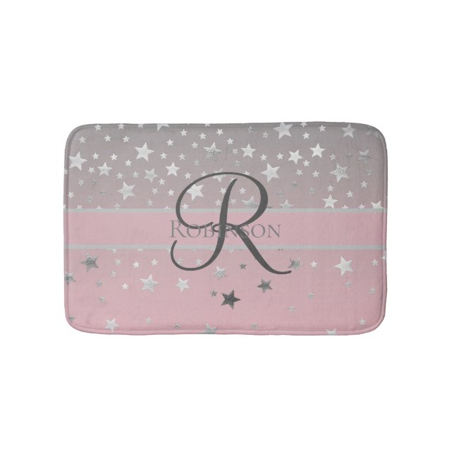 Monogramnamn Rosa Grå Silver Stjärnor Trendigt  Badrumsmatta (Framsidan)