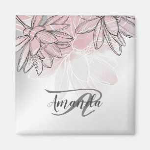 Monogramnamn Rosa Vita Blommor Akvarell Silver Magnet