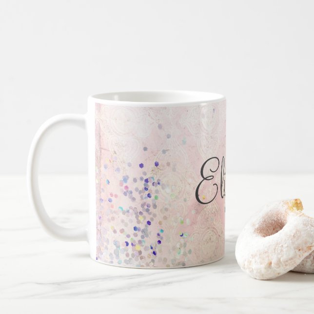 Monogramnamn Rosa Vitt Glitter Elegant   Kaffemugg (Med munk)